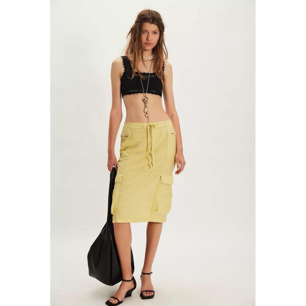 Free People Whimsy Fairycore Utility Butter Yellow Evie Column Cargo Midi Skirt